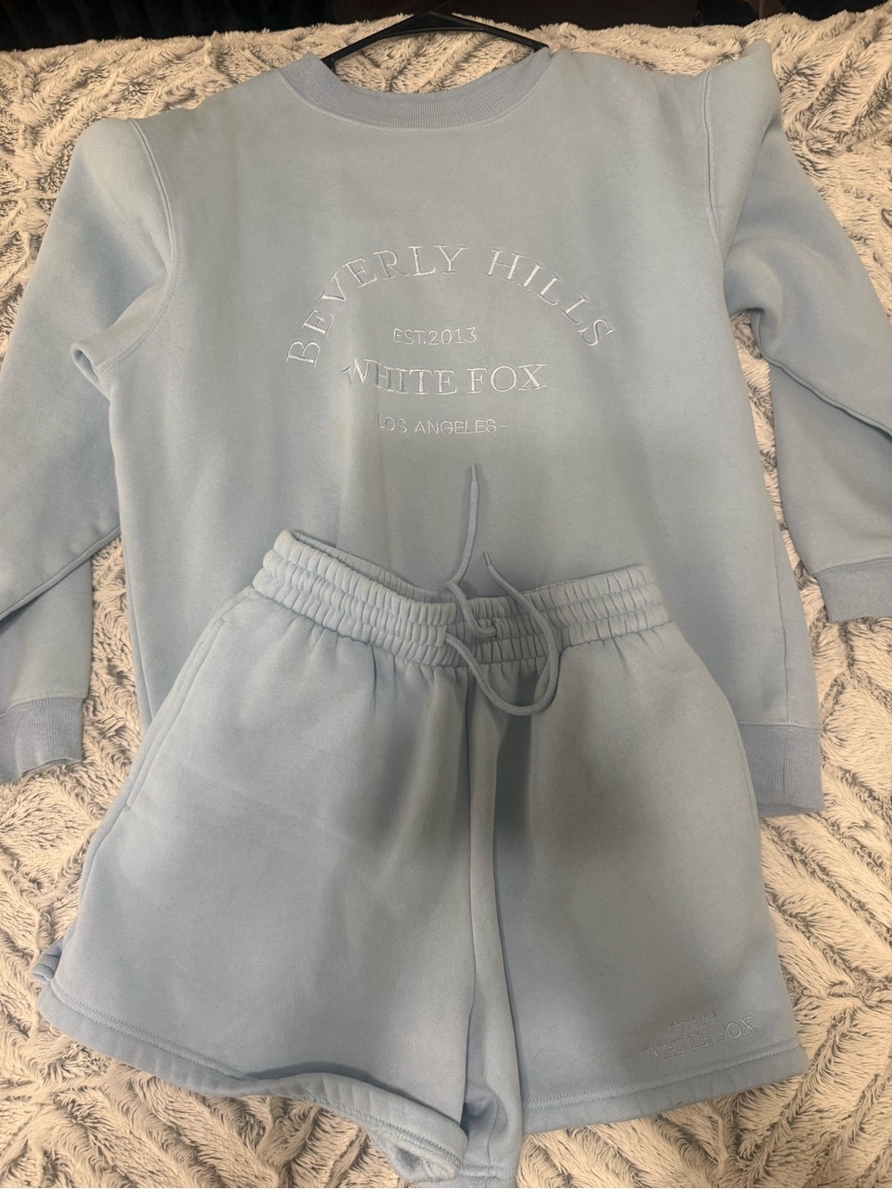 White Fox Boutique Light Blue Beverly Hills Sweatshirt & Shorts Set